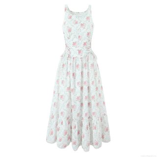 Women's Summer Vintage Floral Print Sleeveless Maxi Dress Elegant Round Neck Lace Hem Tiered Cake Dress with Side Tie Waist for Beach Vacation