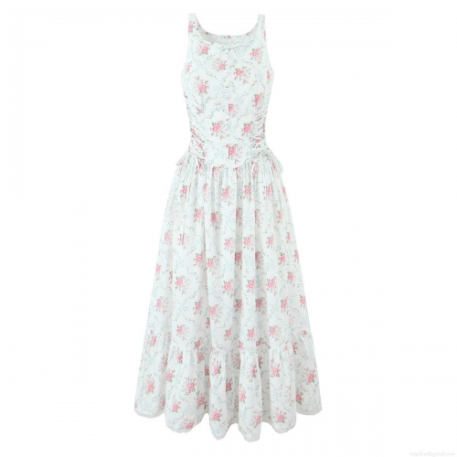 Women's Summer Vintage Floral Print Sleeveless Maxi Dress Elegant Round Neck Lace Hem Tiered Cake Dress with Side Tie Waist for Beach Vacation