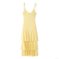 Women's Summer V-Neck Spaghetti Strap Tiered Maxi Dress Solid Yellow Ruffle Hem Tie-up Sleeveless Boho Sun Dress For Vacation Beach Casual Party