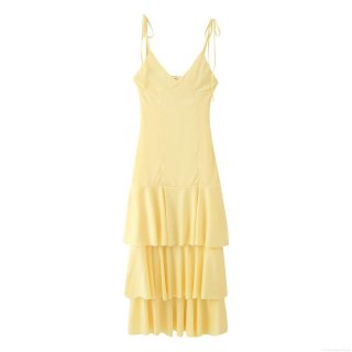 Women's Summer V-Neck Spaghetti Strap Tiered Maxi Dress Solid Yellow Ruffle Hem Tie-up Sleeveless Boho Sun Dress For Vacation Beach Casual Party