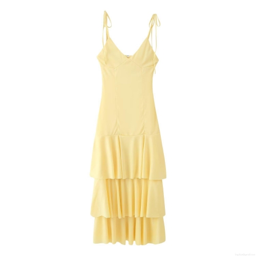 Women's Summer V-Neck Spaghetti Strap Tiered Maxi Dress Solid Yellow Ruffle Hem Tie-up Sleeveless Boho Sun Dress For Vacation Beach Casual Party