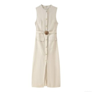 Women's Sleeveless Midi Dress With Belt Pocket Decoration Solid Color Workwear Style Round Neck Polyester Linen Look Summer Beach Party Dress