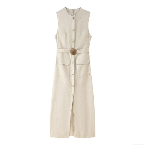 Women's Sleeveless Midi Dress With Belt Pocket Decoration Solid Color Workwear Style Round Neck Polyester Linen Look Summer Beach Party Dress