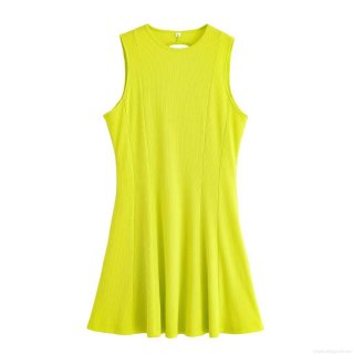 Women Neon Yellow Ribbed Knit Midi Dress Sexy Backless Cut Out Sleeveless Bodycon Sundress For Summer Streetwear Party Club Night Out