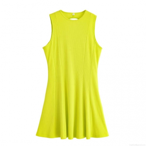 Women Neon Yellow Ribbed Knit Midi Dress Sexy Backless Cut Out Sleeveless Bodycon Sundress For Summer Streetwear Party Club Night Out