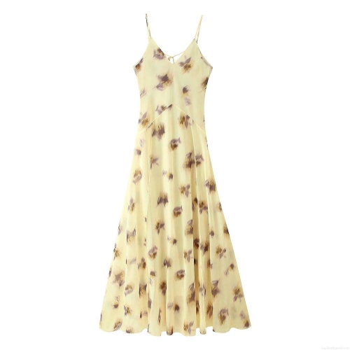 Women's Sexy Backless Lace Up V Neck Slip Dress Summer Floral Print Polyester Chiffon Sleeveless Maxi Dress For Vacation Beach Party Streetwear