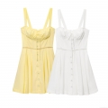 Women's Sexy Backless Corset Camisole Dress Polyester Button Front Hollow Out Lace Mini Dress Summer Party Beach Solid Yellow Sleeveless A-Line Vestidos