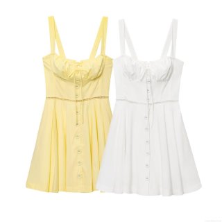 Women's Sexy Backless Corset Camisole Dress Polyester Button Front Hollow Out Lace Mini Dress Summer Party Beach Solid Yellow Sleeveless A-Line Vestidos