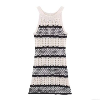 Women's Sexy Striped Knit Mini Dress Sleeveless Hollow Out Contrast Color Crochet A-Line Dress For Summer Beach Holiday Streetwear