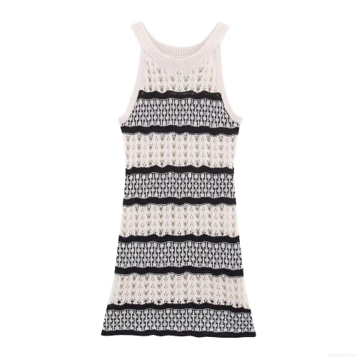 Women's Sexy Striped Knit Mini Dress Sleeveless Hollow Out Contrast Color Crochet A-Line Dress For Summer Beach Holiday Streetwear