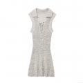 Women Sleeveless Knit Mini Dress Sexy Lapel Lace Up Slim Fit Oatmeal Bodycon Dress Summer Casual Party Beach Streetwear Ladies Short Dresses
