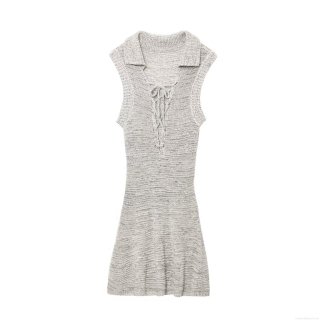 Women Sleeveless Knit Mini Dress Sexy Lapel Lace Up Slim Fit Oatmeal Bodycon Dress Summer Casual Party Beach Streetwear Ladies Short Dresses