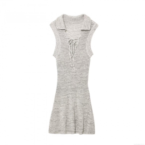Women Sleeveless Knit Mini Dress Sexy Lapel Lace Up Slim Fit Oatmeal Bodycon Dress Summer Casual Party Beach Streetwear Ladies Short Dresses