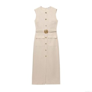 Women's Linen Cotton Sleeveless Button Down Midi Dress Casual Summer Belted Tank Dress With Pockets Solid Beige Shirt Dress For Vacation Streetwear
