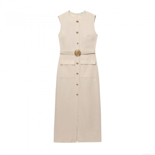 Women's Linen Cotton Sleeveless Button Down Midi Dress Casual Summer Belted Tank Dress With Pockets Solid Beige Shirt Dress For Vacation Streetwear