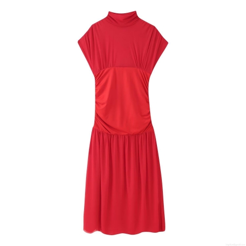 Women's Sexy Ruched Bodycon Midi Dress Sleeveless High Neck Mesh Patchwork Solid Red Polyester Dress For Party Club Night Out