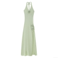 Women's Knit Polyester Halter Neck Maxi Dress Summer Sexy Sleeveless Tie-Up Floral Decoration High Slit Backless Long Dress Solid Color Chic Vacation Party Vestidos