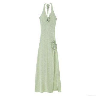 Women's Knit Polyester Halter Neck Maxi Dress Summer Sexy Sleeveless Tie-Up Floral Decoration High Slit Backless Long Dress Solid Color Chic Vacation Party Vestidos