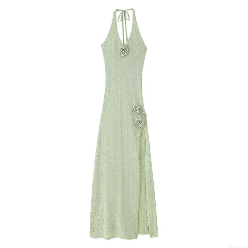 Women's Knit Polyester Halter Neck Maxi Dress Summer Sexy Sleeveless Tie-Up Floral Decoration High Slit Backless Long Dress Solid Color Chic Vacation Party Vestidos