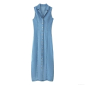 Women's Sleeveless Denim Maxi Dress Western Style Back Smocking Elasticity Turn-down Collar Single-breasted Solid Blue Long Jean Dress For Summer Casual Daily Party
