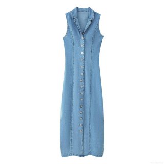 Women's Sleeveless Denim Maxi Dress Western Style Back Smocking Elasticity Turn-down Collar Single-breasted Solid Blue Long Jean Dress For Summer Casual Daily Party