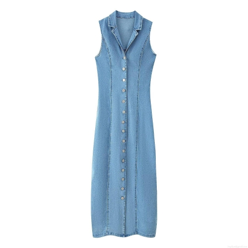 Women's Sleeveless Denim Maxi Dress Western Style Back Smocking Elasticity Turn-down Collar Single-breasted Solid Blue Long Jean Dress For Summer Casual Daily Party
