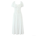 Women's White Puff Sleeve V-Neck Midi Dress Spliced Lace-Up Smocked A-Line Summer Casual Beach Vacation Polyester Cotton Blend Dress