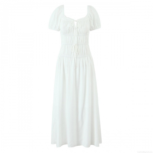 Women's White Puff Sleeve V-Neck Midi Dress Spliced Lace-Up Smocked A-Line Summer Casual Beach Vacation Polyester Cotton Blend Dress