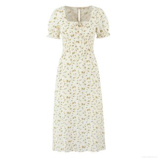 Women Summer Square Neck Puff Sleeve Floral Midi Dress French Vintage Style Smocked Elastic Waist Pale Yellow A-Line Casual Sun Dress
