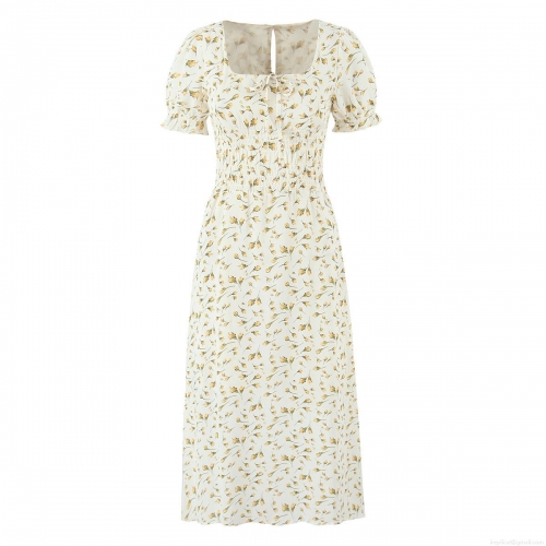 Women Summer Square Neck Puff Sleeve Floral Midi Dress French Vintage Style Smocked Elastic Waist Pale Yellow A-Line Casual Sun Dress