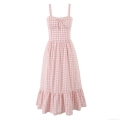 Women's Summer Pink Gingham Midi Dress Cotton Smocked Backless Sundress With Metal Zipper and Bow Detail Sleeveless Streetwear