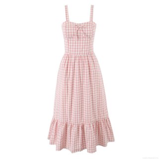 Women's Summer Pink Gingham Midi Dress Cotton Smocked Backless Sundress With Metal Zipper and Bow Detail Sleeveless Streetwear