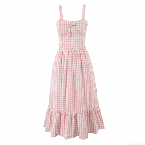 Women's Summer Pink Gingham Midi Dress Cotton Smocked Backless Sundress With Metal Zipper and Bow Detail Sleeveless Streetwear