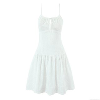 Women's White Cotton Embroidered Cami Mini Dress Sleeveless Hollow Out Lace Trim Drawstring Bow Western Street Style Summer Vacation Short Dress