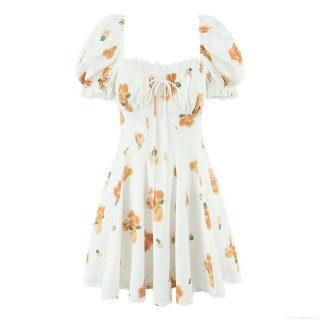 Women Summer Floral Print Mini Dress Elegant V-Neck Puff Sleeve Lace-Up A-Line Chiffon Texture Polyester Short Dress For Beach Party Vacation Dating