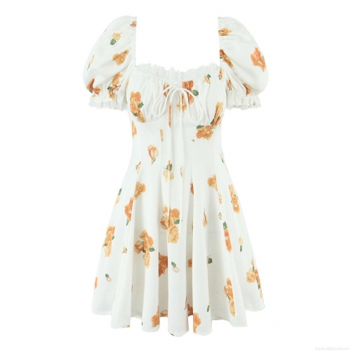 Women Summer Floral Print Mini Dress Elegant V-Neck Puff Sleeve Lace-Up A-Line Chiffon Texture Polyester Short Dress For Beach Party Vacation Dating