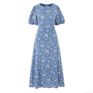 Women's Summer Floral Print Polyester Midi Dress European Style Puff Short Sleeve Round Neck Back Zipper Waist Slimming A-Line Dress For Daily Vacation