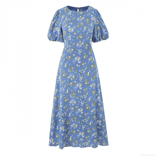 Women's Summer Floral Print Polyester Midi Dress European Style Puff Short Sleeve Round Neck Back Zipper Waist Slimming A-Line Dress For Daily Vacation