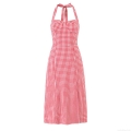 Women's Retro Gingham Halter Backless Midi Dress Sexy Tie Neck Smocked Waist Plaid Sleeveless Sundress for Summer Vacation Party Beach Wear