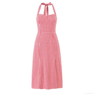 Women's Retro Gingham Halter Backless Midi Dress Sexy Tie Neck Smocked Waist Plaid Sleeveless Sundress for Summer Vacation Party Beach Wear