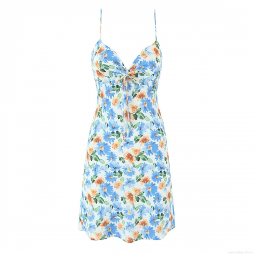 Women's Floral Cami Mini Dress 100% Polyester Bow Tie V Neck Sexy Backless Sleeveless Summer Beach Vacation A-Line Sundress Casual Party Dress