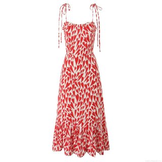Women Retro Heart Print Camisole Midi Dress Vintage Ruffle Hem Sleeveless Polyester Smocked Back Sundress For Summer Vacation Party Streetwear
