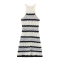 Women's Sexy Halter Neck Crochet Knit Mini Dress Black White Striped Hollow Out Sleeveless Bodycon Patchwork Dress Summer Beachwear For Ladies