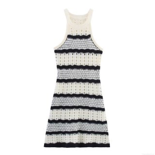 Women's Sexy Halter Neck Crochet Knit Mini Dress Black White Striped Hollow Out Sleeveless Bodycon Patchwork Dress Summer Beachwear For Ladies