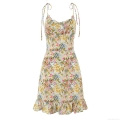 Summer Floral Print V-Neck Cami Mini Dress With Ruffle Hem And Tie Shoulder Straps 100% Polyester Sleeveless Bohemian A-Line Party Dress For Women