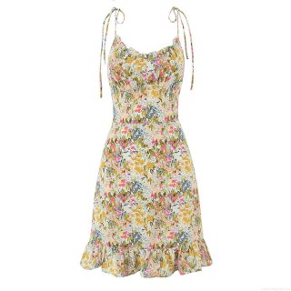Summer Floral Print V-Neck Cami Mini Dress With Ruffle Hem And Tie Shoulder Straps 100% Polyester Sleeveless Bohemian A-Line Party Dress For Women
