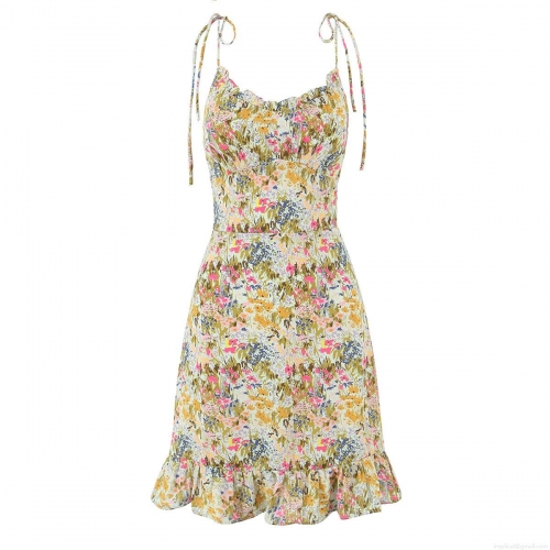 Summer Floral Print V-Neck Cami Mini Dress With Ruffle Hem And Tie Shoulder Straps 100% Polyester Sleeveless Bohemian A-Line Party Dress For Women