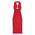 Women Sexy Halter Backless Midi Dress Ribbed Knit Hollow Out Metal Ring Bodycon Dress For Party Clubwear Vacation
