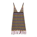 Women Sexy V-Neck Crochet Knit Sling Mini Dress Multi-Color Zigzag Wave Pattern Fringe Tassel Hem Bohemian Summer Beach Vacation Dress