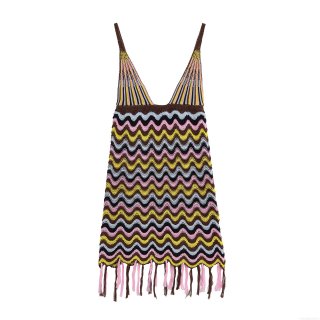 Women Sexy V-Neck Crochet Knit Sling Mini Dress Multi-Color Zigzag Wave Pattern Fringe Tassel Hem Bohemian Summer Beach Vacation Dress
